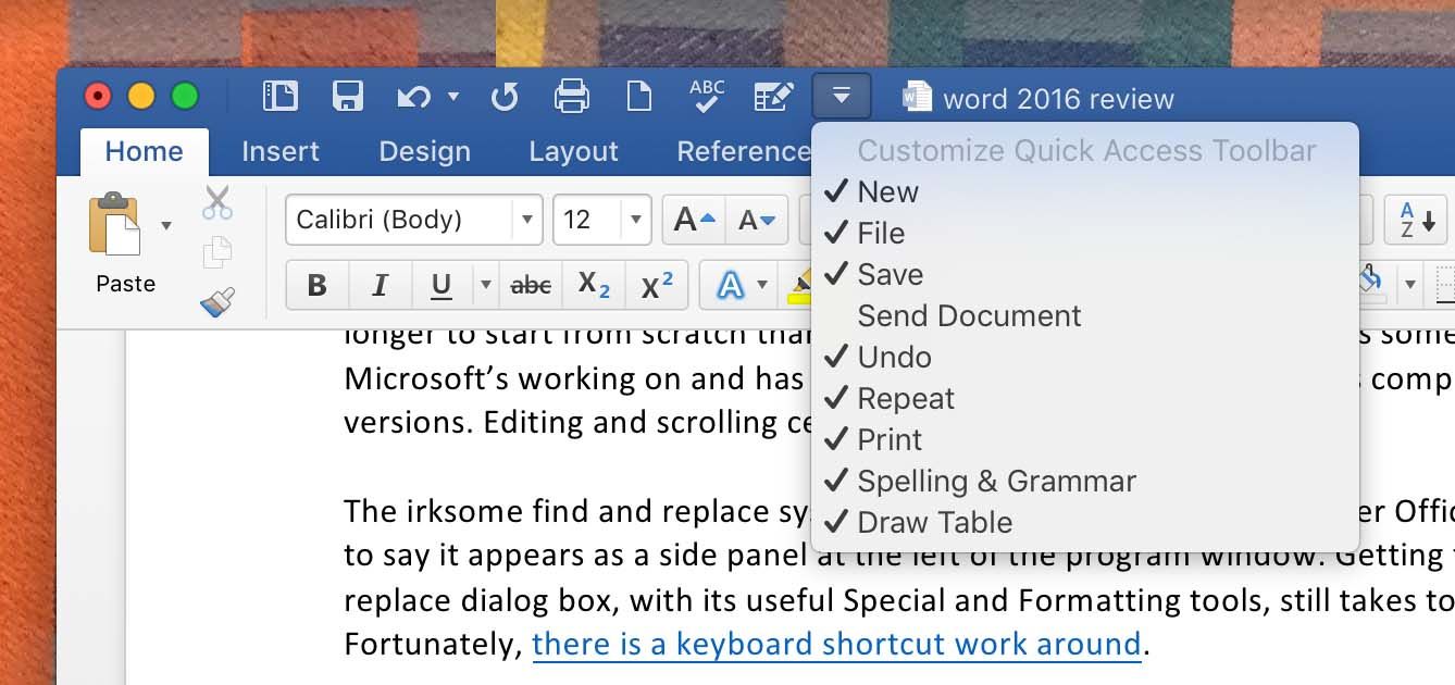 customize toolbar in word for mac 2016